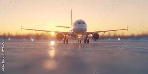 Sunset view of an airplane on an airport runway, ready for departure. photo