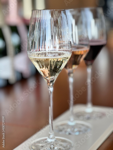 A close up of three glasses of sparkling wine at a tasting event in Yinchuan, Ningxia province, China photo