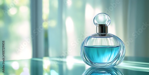  Elegant blue perfume bottle with liquid glass texture on a simple table, featuring a soft gradient of light green, sky-blue, light gray, and dark aquamarine hues, ideal for product design and luxury 