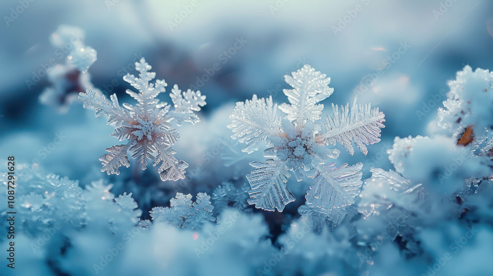 A close up of snowflakes on a blue background. The snowflakes are small and scattered, creating a sense of movement and lightness. The blue background adds a calming and serene atmosphere to the image A close up of snowflakes on a blue background. The snowflakes are small and scattered, creating a sense of movement and lightness. The blue background adds a calming and serene atmosphere to the image