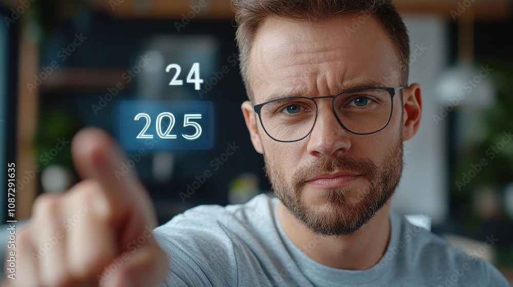 Businessman Pointing at Holographic Graph Data Businessman Pointing at Holographic Graph Data