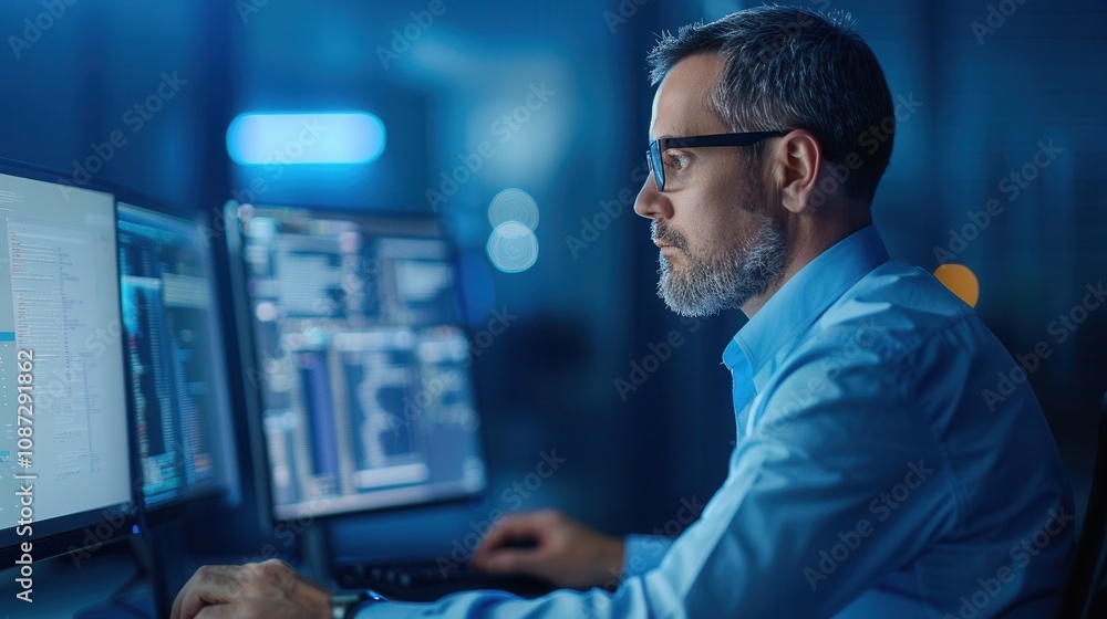 A dedicated IT professional in glasses and a blue shirt working on multiple screens with code and data in a dark, modern office setup. A dedicated IT professional in glasses and a blue shirt working on multiple screens with code and data in a dark, modern office setup.