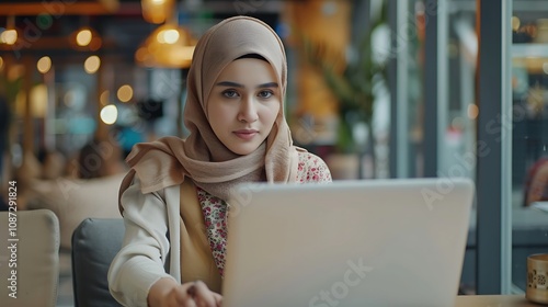 A young woman in a hijab working on a laptop in a cozy cafe setting.