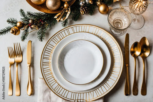 Christmas table with plates, golden cutlety and decorations. photo