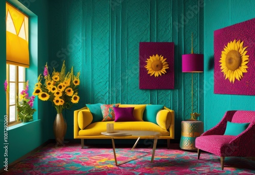 intricately patterned textured walls featuring vibrant palette unique colors designs enhance home decor aesthetic appeal, atmosphere, artwork, ambiance photo