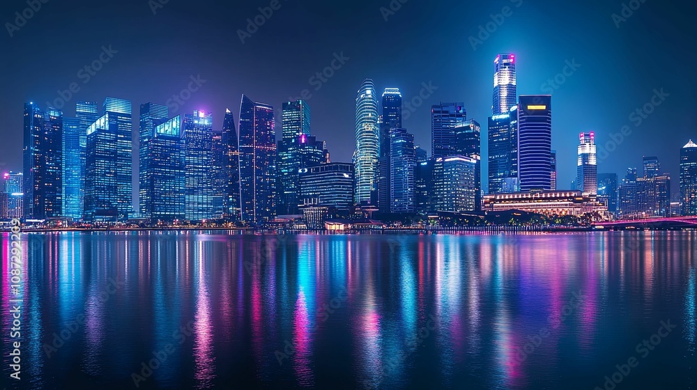 Nighttime Cityscape Reflecting In Calm Waters Nighttime Cityscape Reflecting In Calm Waters