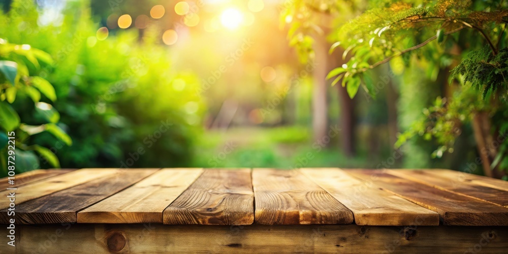 Empty wooden table with a blurred background of green foliage and sunlight Empty wooden table with a blurred background of green foliage and sunlight