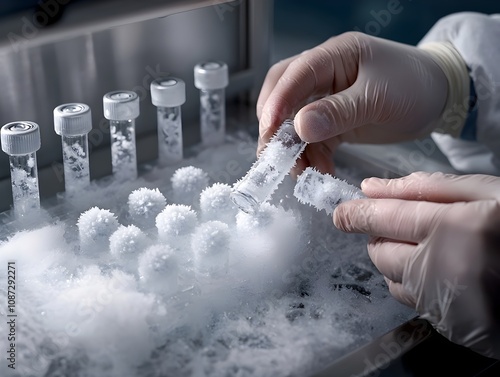 Closeup view of a scientist s hands carefully manipulating cryogenic vials containing frozen cell line samples within a sterile stainless steel biobank laboratory setting photo