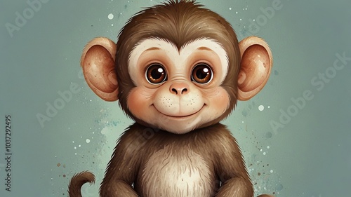 Adorable Watercolor Cartoon Monkey Illustration: Perfect for Nursery Decor photo