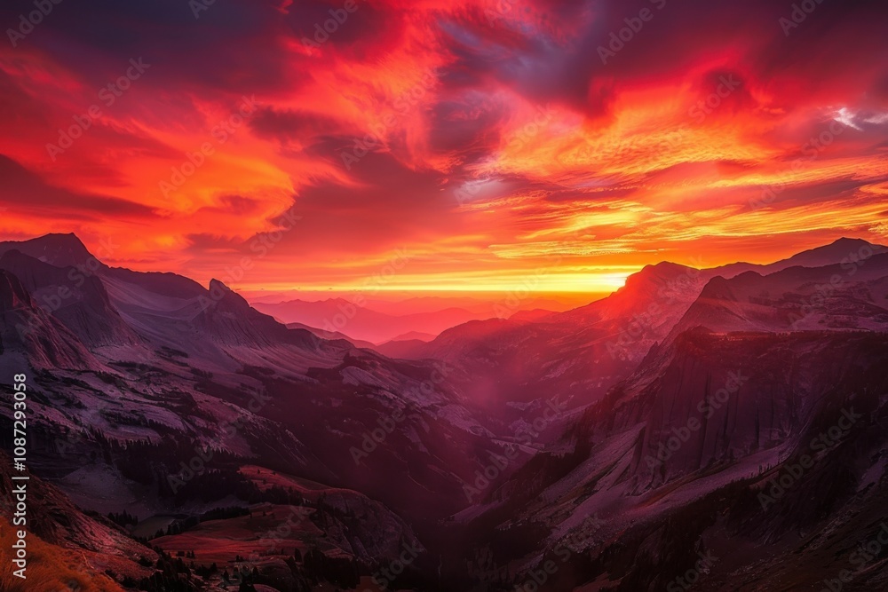 Mountains Meet Fiery Sunset Over Scenic Valley Beautifully at Dusk Mountains Meet Fiery Sunset Over Scenic Valley Beautifully at Dusk