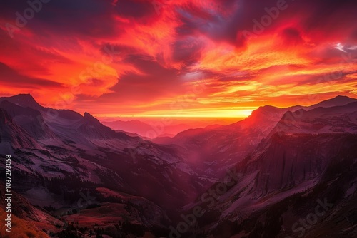 Mountains Meet Fiery Sunset Over Scenic Valley Beautifully at Dusk