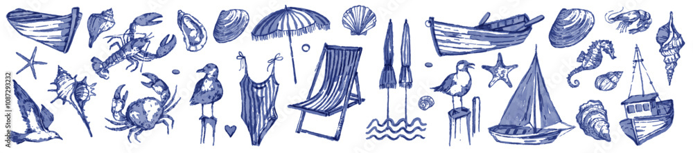 Fototapeta Summer vacation illustration set, vector hand drawn watercolor seashore travel objects, yacht, boat. Ocean voyage vintage icon, nautical beach art collection, sun, seagull. Summer vacation design