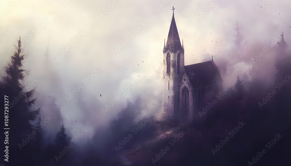 Mysterious church nestled in a foggy forest, ethereal atmosphere, gothic architecture, tranquil scene, serene landscape. Mysterious church nestled in a foggy forest, ethereal atmosphere, gothic architecture, tranquil scene, serene landscape.