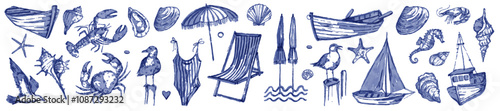 Summer vacation illustration set, vector hand drawn watercolor seashore travel objects, yacht, boat. Ocean voyage vintage icon, nautical beach art collection, sun, seagull. Summer vacation design