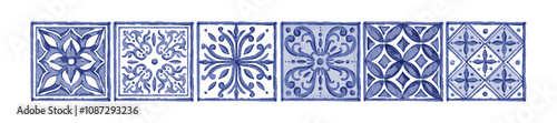 Blue azulejo decorative tile set, vector hand drawn Portugal ceramic antique traditional ornament. Watercolor oriental square print, floral abstract Moroccan mosaic interior design. Azulejo tile art