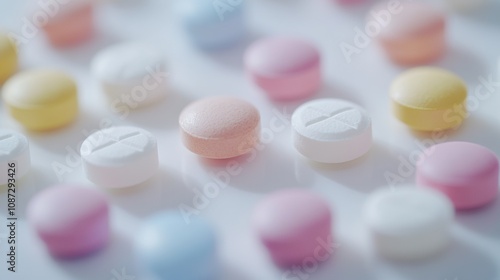 A variety of round white tablets and colorful capsules scattered casually on a clean white surface, showcasing vibrant colors and detailed textures for a modern pharmaceutical display.