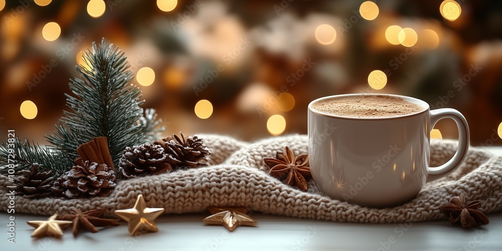 Fototapeta premium cozy Christmas background with a small pine tree, stars, and cinnamon in a ceramic mug on a white table against a blurred lights garland. A banner for a holiday party concept