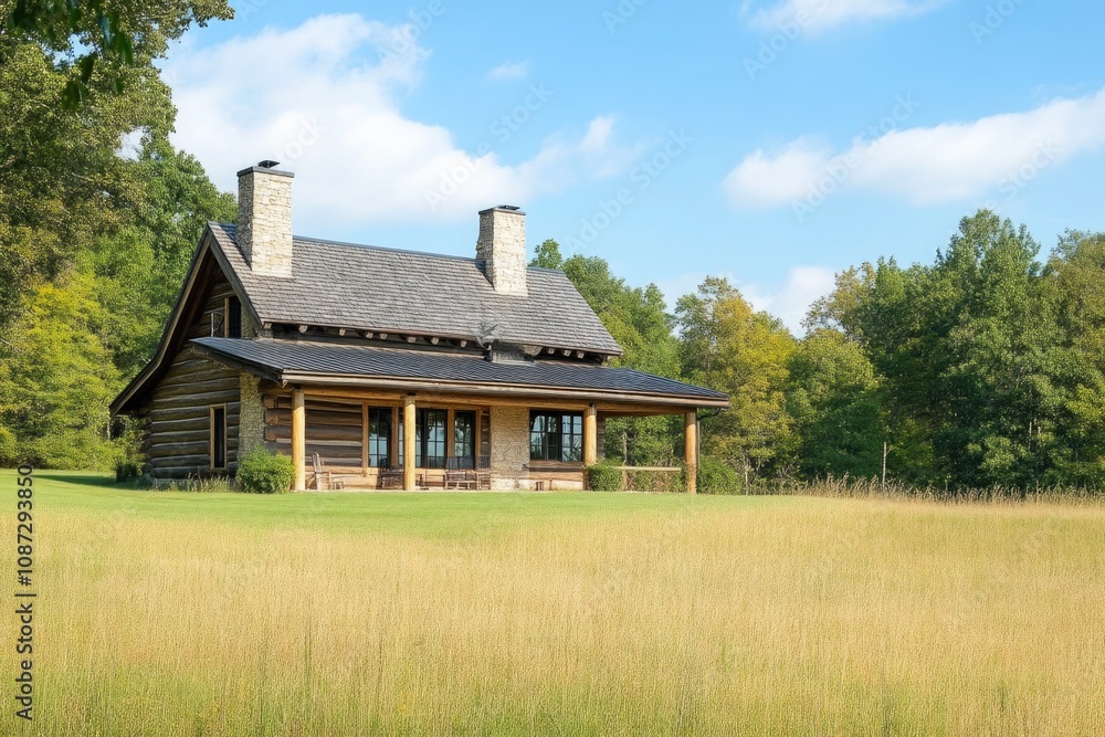 Traditional Log Cabin Overlooking Serene Green Meadow Traditional Log Cabin Overlooking Serene Green Meadow