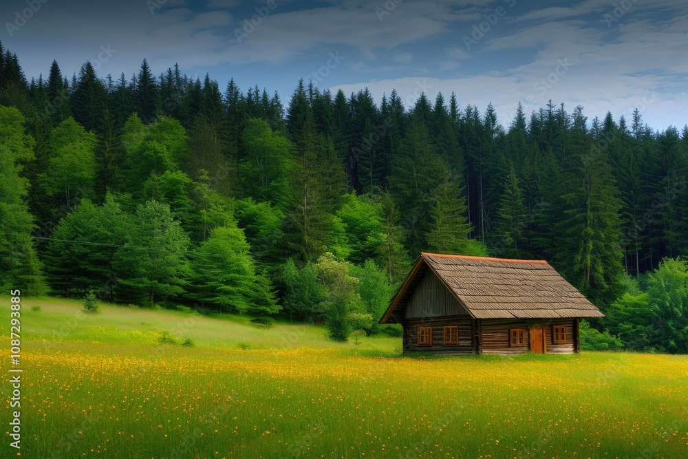 Rustic Log Cabin Overlooking Forest Meadow