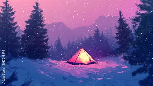 Tranquil Winter Landscape with a Glowing Tent in a Snowy Forest Under a Purple Sky with Falling Snowflakes and Majestic Mountains in the Background