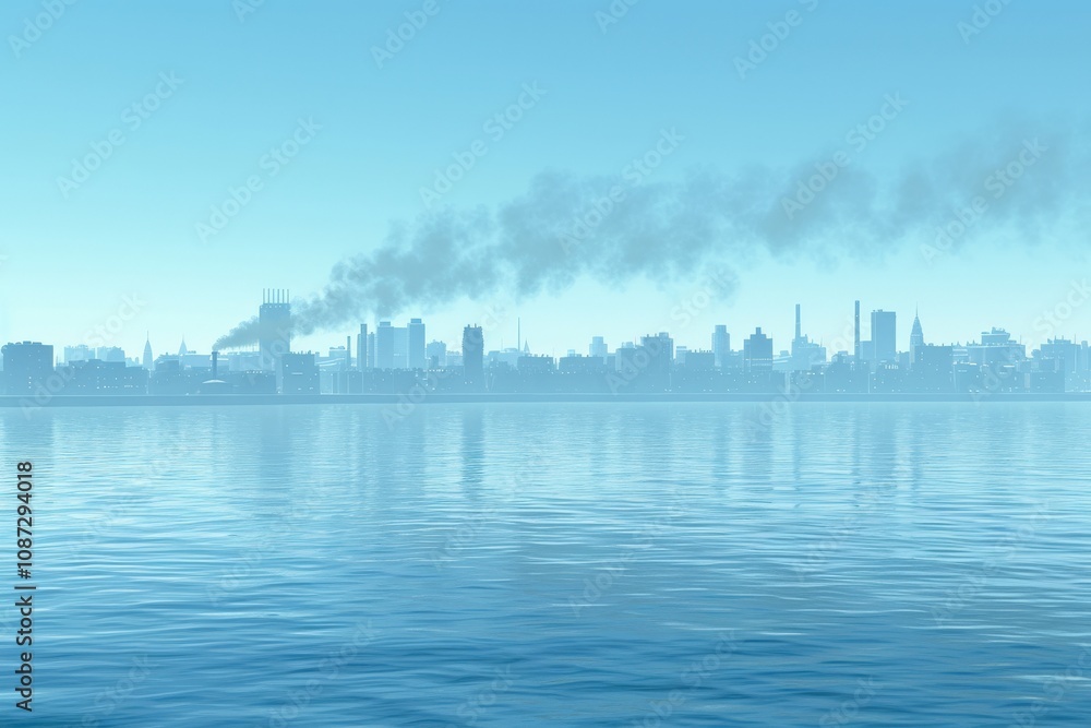 Clear blue city skyline across calm water with minimal industrial smoke, representing pollution reduction efforts. Hazy urban buildings under bright sky clean air environmental awareness. Clear blue city skyline across calm water with minimal industrial smoke, representing pollution reduction efforts. Hazy urban buildings under bright sky clean air environmental awareness.