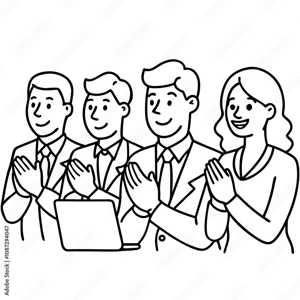 smiling businesspeople watch online conference applaud smiling businesspeople watch online conference applaud