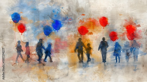 Abstract watercolor artwork depicting families holding red, blue balloons. Figures appear as silhouettes blending into colorful splashes paint, creating artistic, emotional expression connection joy.