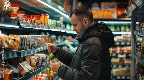 A man shopping for groceries in a store, examining a lime while surrounded by various packaged food items.