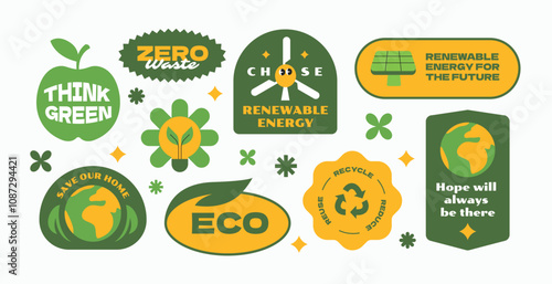 Sustainable green stickers. Badge, patch, labels go green. Clean energy, renewable, Eco.