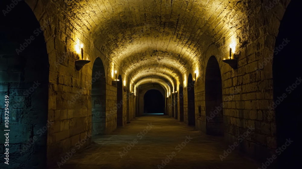 Mysterious Underground Hallway with Soft Lighting and Stone Walls, Evoking a Sense of Wonder and Intrigue in a Dimly Lit Environment Mysterious Underground Hallway with Soft Lighting and Stone Walls, Evoking a Sense of Wonder and Intrigue in a Dimly Lit Environment