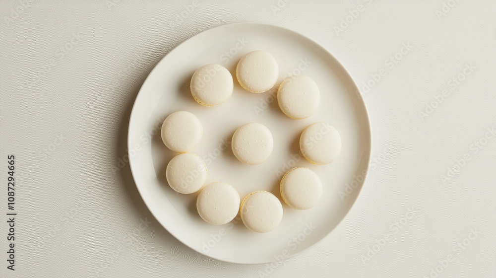 Delicate white macarons arranged in circular pattern on plate Delicate white macarons arranged in circular pattern on plate