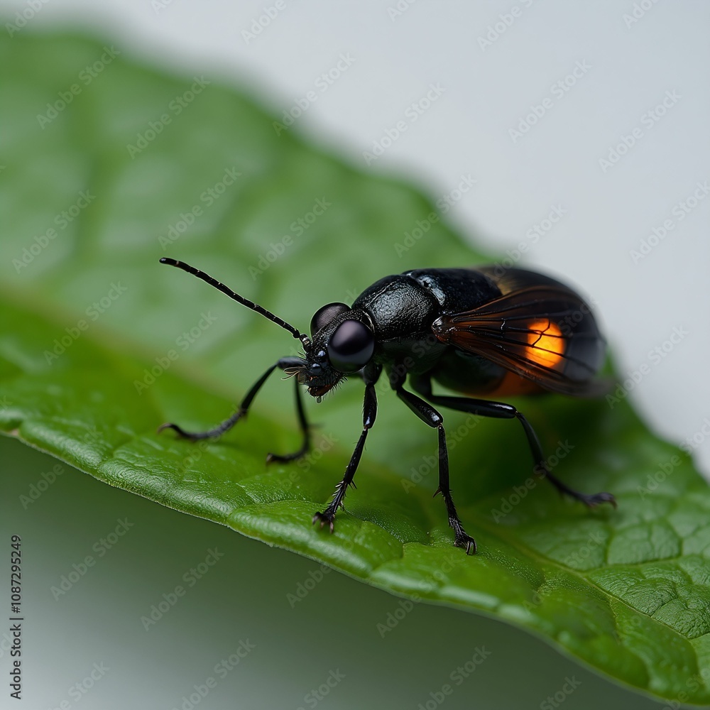 Fototapeta premium Close-up of a fly resting on a green leaf, showcasing macro details.