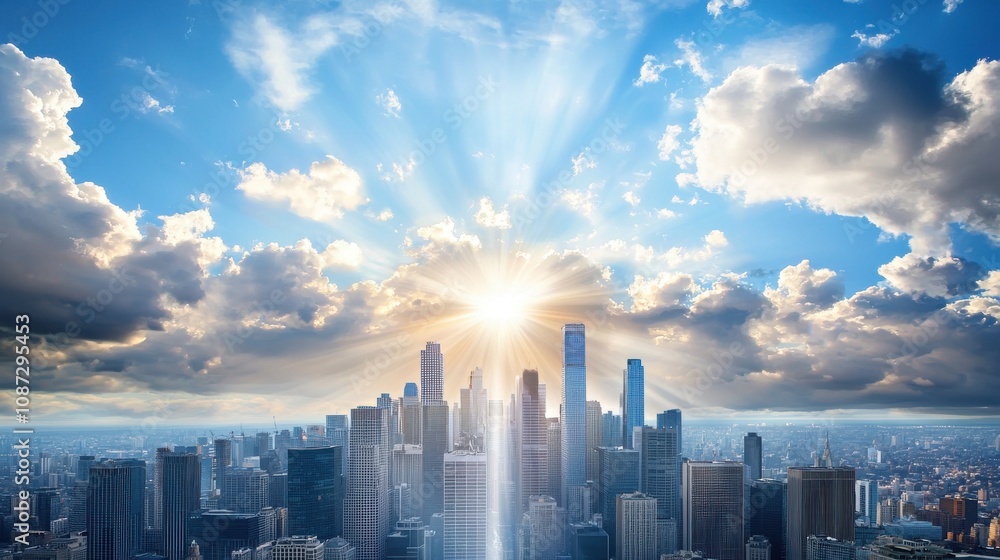 Fototapeta premium Heavenly City with Cascading Waterfalls and Sunlight