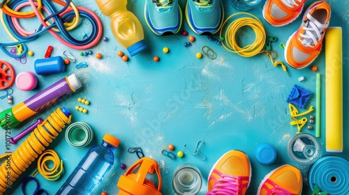 Colorful flat lay of various workout gear including sneakers, resistance bands, water bottles, and fitness accessories scattered on a vibrant turquoise background. Energetic and fun workout setup. photo