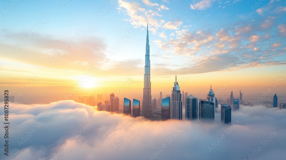 Fototapeta premium Stunning Metropolis at Sunrise Above the Clouds