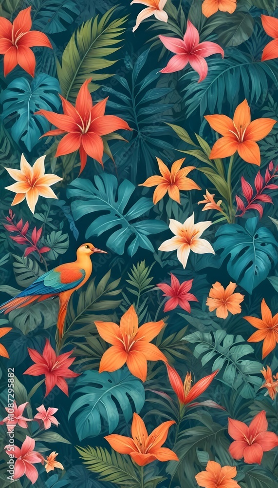 Tropical exotic pattern with animal and flowers in bright colors and lush vegetation Tropical exotic pattern with animal and flowers in bright colors and lush vegetation
