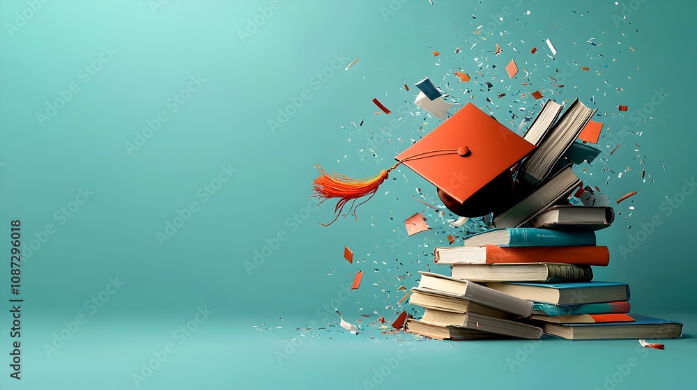 A dynamic energetic image showcasing a graduation cap in mid motion seemingly leaping from a stack of academic books symbolizing the and momentum of educational achievement Captured in a bold A dynamic energetic image showcasing a graduation cap in mid motion seemingly leaping from a stack of academic books symbolizing the and momentum of educational achievement Captured in a bold