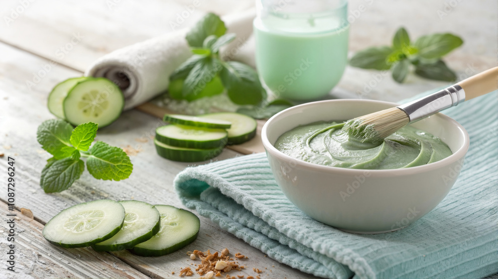Cucumber face mask with mint in ceramic bowl Cucumber face mask with mint in ceramic bowl