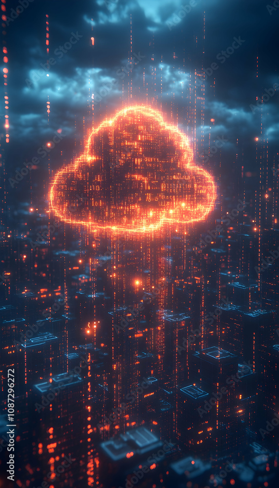 Fototapeta premium Glowing cloud symbol above futuristic city.