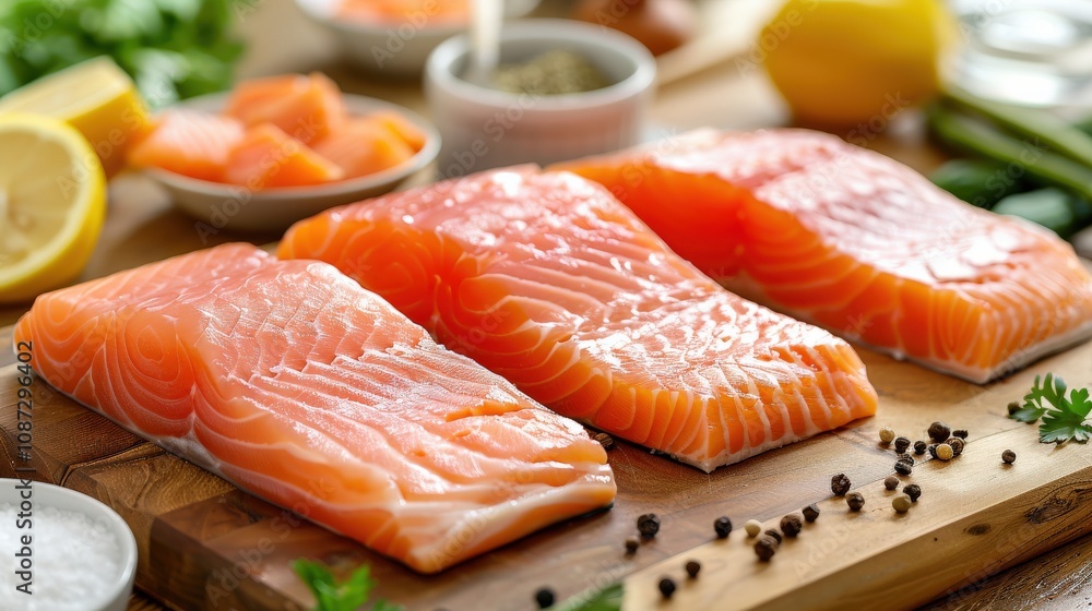 Fresh salmon fillets on wooden cutting board with black pepper, parsley, lemon slices. Minimalist food presentation healthy, nutritious ingredients for seafood lovers or culinary inspiration.