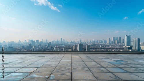 Empty square floor with city skyline background, Cityscape in perpetual motion, kinetic energy pulsating through the urban panorama photo