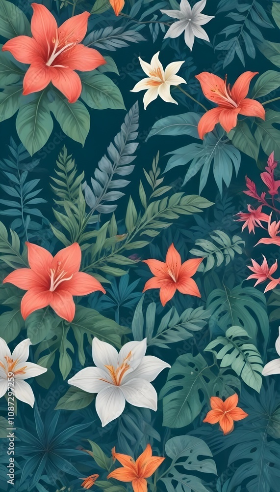 Tropical exotic pattern with animal and flowers in bright colors and lush vegetation Tropical exotic pattern with animal and flowers in bright colors and lush vegetation
