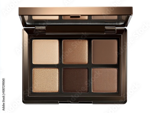 A makeup palette featuring six shades in neutral tones for eye makeup application. photo