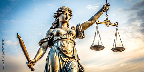 The bronze statue of Lady Justice stands proudly, holding the scales of justice in one hand and a sword in the other. The dramatic sky adds depth to this powerful representation of fairness