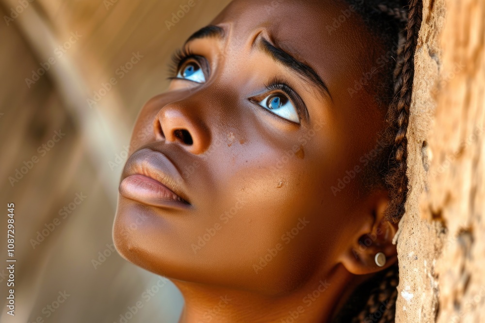 Sorrowful young woman gazing at the light above Sorrowful young woman gazing at the light above
