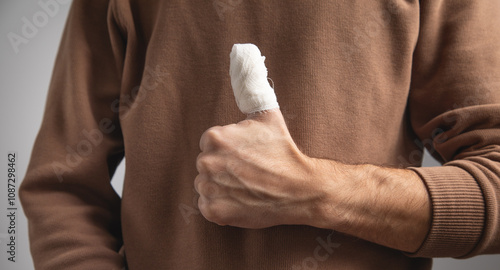 Картината върху платно Man with a injured finger with bandage.