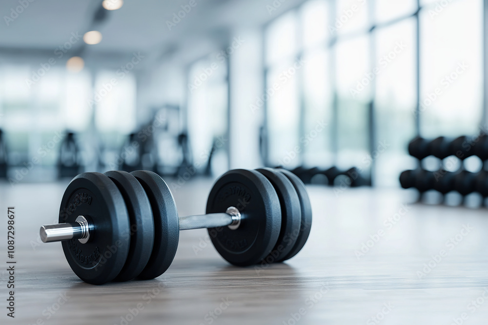 close up of black dumbbell on wooden gym floor, showcasing fitness equipment in modern gym environment. bright, spacious interior enhances workout atmosphere close up of black dumbbell on wooden gym floor, showcasing fitness equipment in modern gym environment. bright, spacious interior enhances workout atmosphere