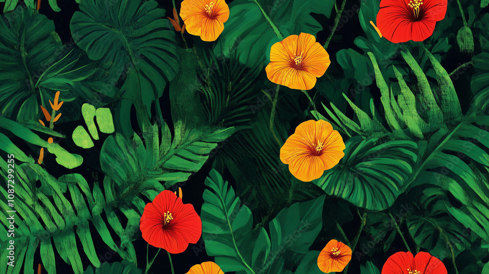 Fototapeta premium Lush rainforest inspiration with vibrant green leaves and tropical flowers for nature designs - seamless pattern texture png