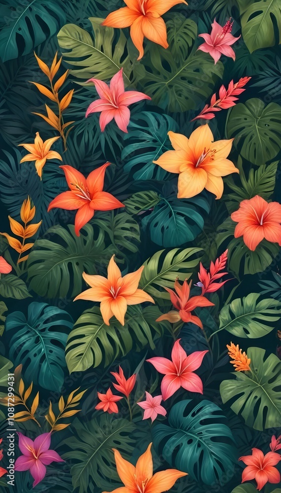 Tropical exotic pattern with animal and flowers in bright colors and lush vegetation Tropical exotic pattern with animal and flowers in bright colors and lush vegetation