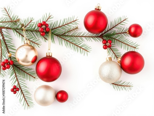 Christmas decorations with tree branches and baubles isolated on white background, tree branches